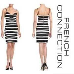 French Connection Black White Navy Striped Sleeveless V-Neck Sheath Dress Size 4